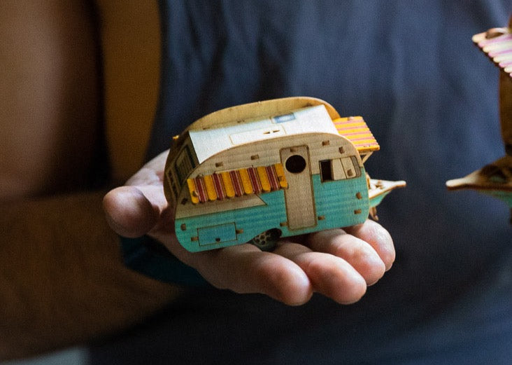 MINI Vintage Camper Wooden Model Christmas Ornament, Desktop playset, snaps together. 3D puzzle trailer kit that makes a great gift for men!