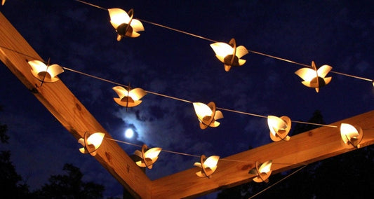 Skyboats: Hanging Lantern String Lights. Tealight Candle Lit kits with tin reflectors