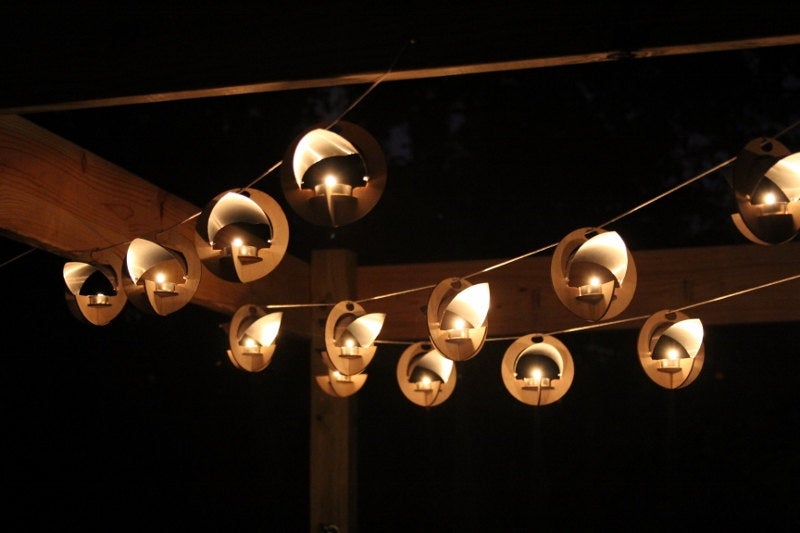 Skyboats: Hanging Lantern String Lights. Tealight Candle Lit kits with tin reflectors