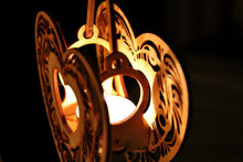 Load image into Gallery viewer, Heartstrings, Hanging Tealight Luminaire kits. Natural wood model kit you snap together!