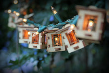 Load image into Gallery viewer, Patio String Lights. Electrolites - Craftsman Style Bungalows. Unique wooden 3D lighting