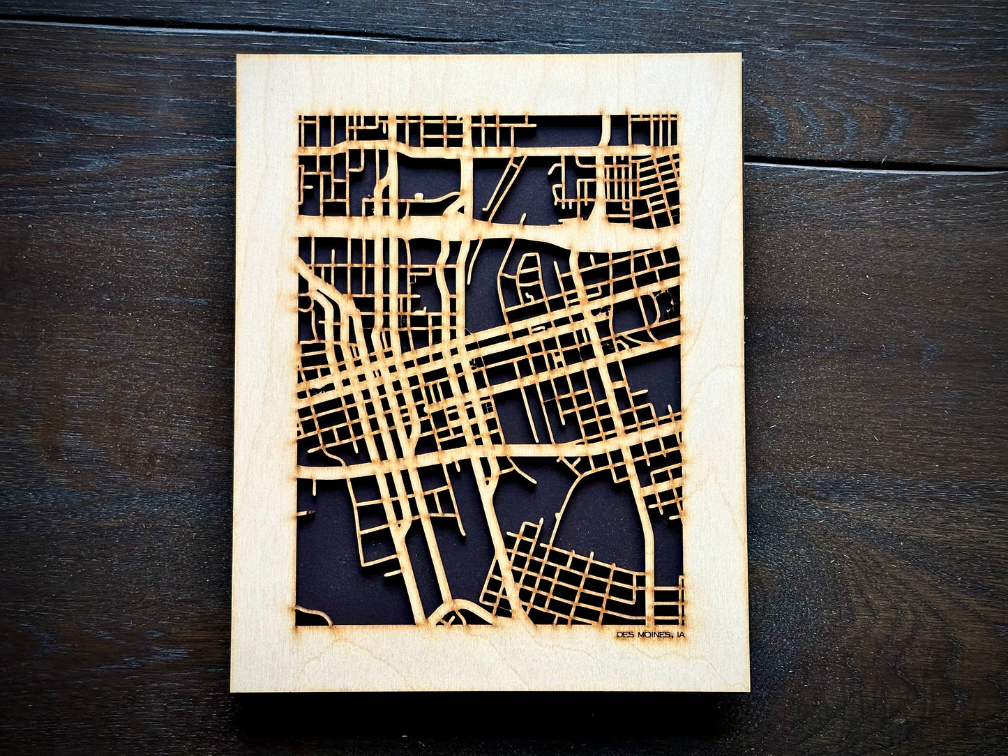 Des Moines, IA City Street Map | Modern Wood Wall Art in a Minimalist design. 2 sizes
