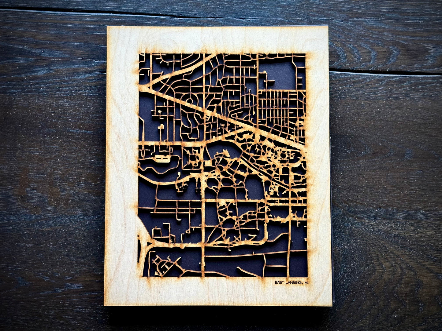 East Lansing, MI City Street Map | Modern Wood Wall Art in a Minimalist design. 2 sizes