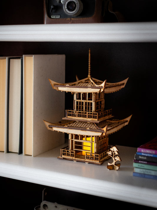 Japanese Pagoda Book Nook & Lantern – Wooden DIY Kit | LED Candle Holder | Bookshelf Insert Decor | Zen Gift Idea | Miniature Scene