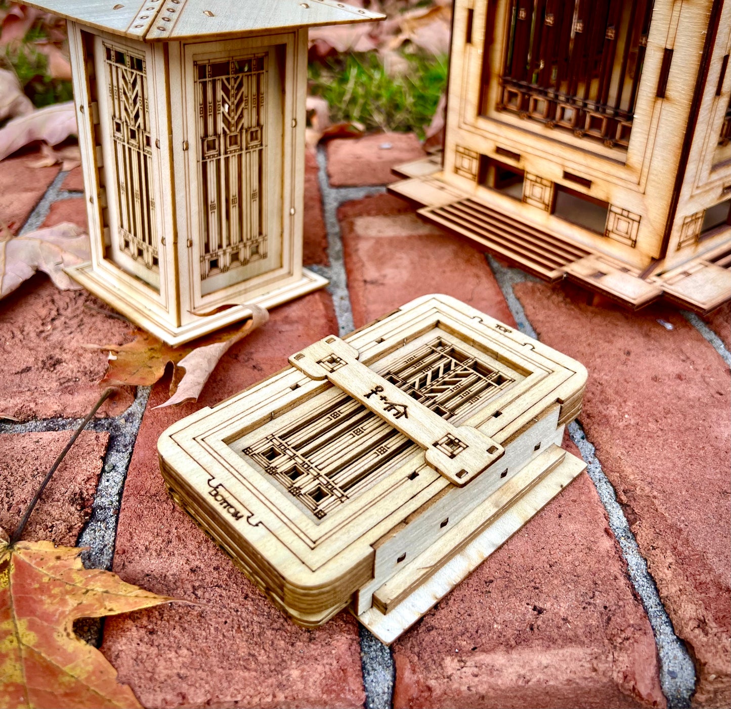 flat-packed Wright prairie lantern kit with laser-cut wooden components ready for assembly
