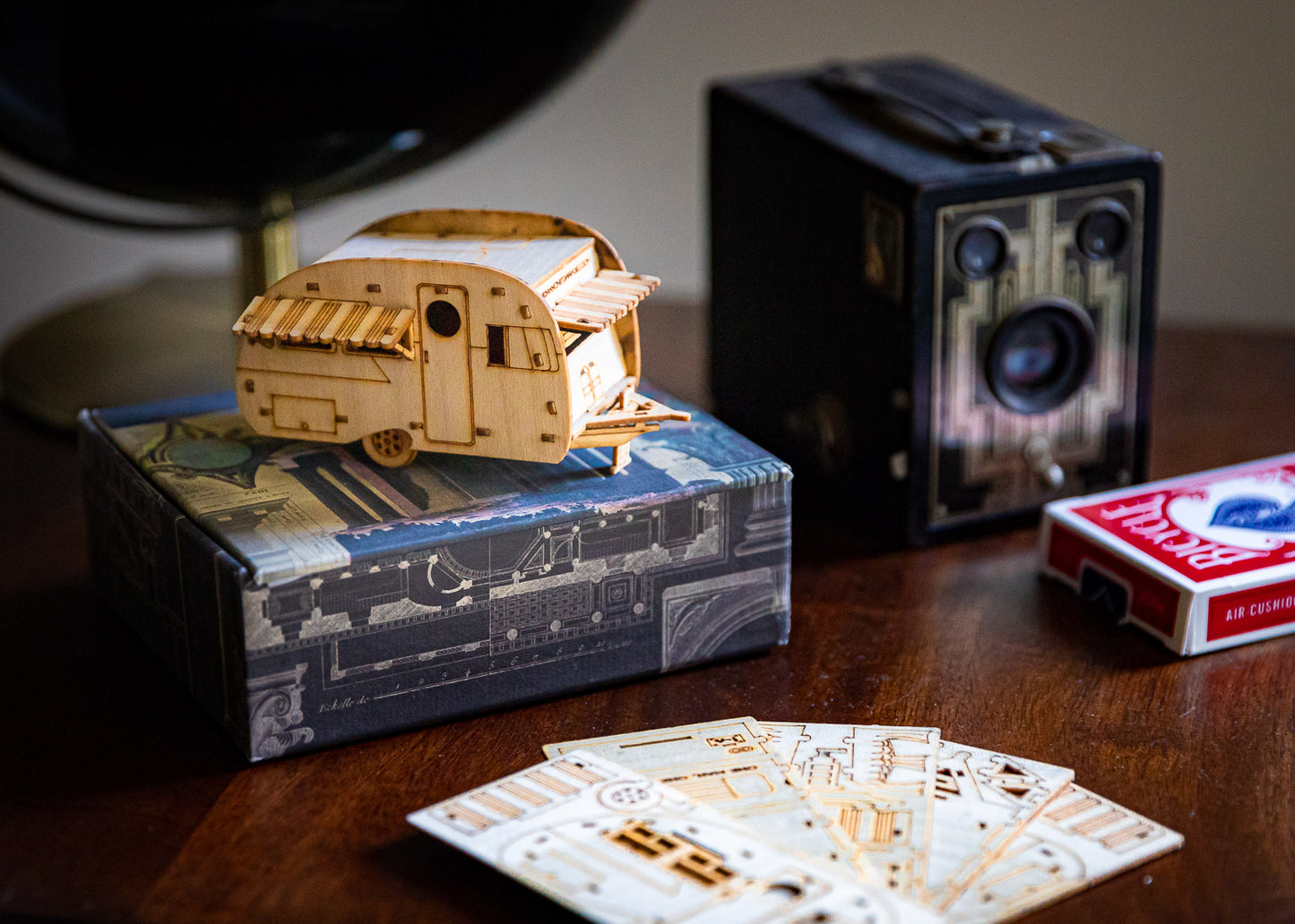 MINI Vintage Camper Wooden Model Christmas Ornament, Desktop playset, snaps together. 3D puzzle trailer kit that makes a great gift for men!