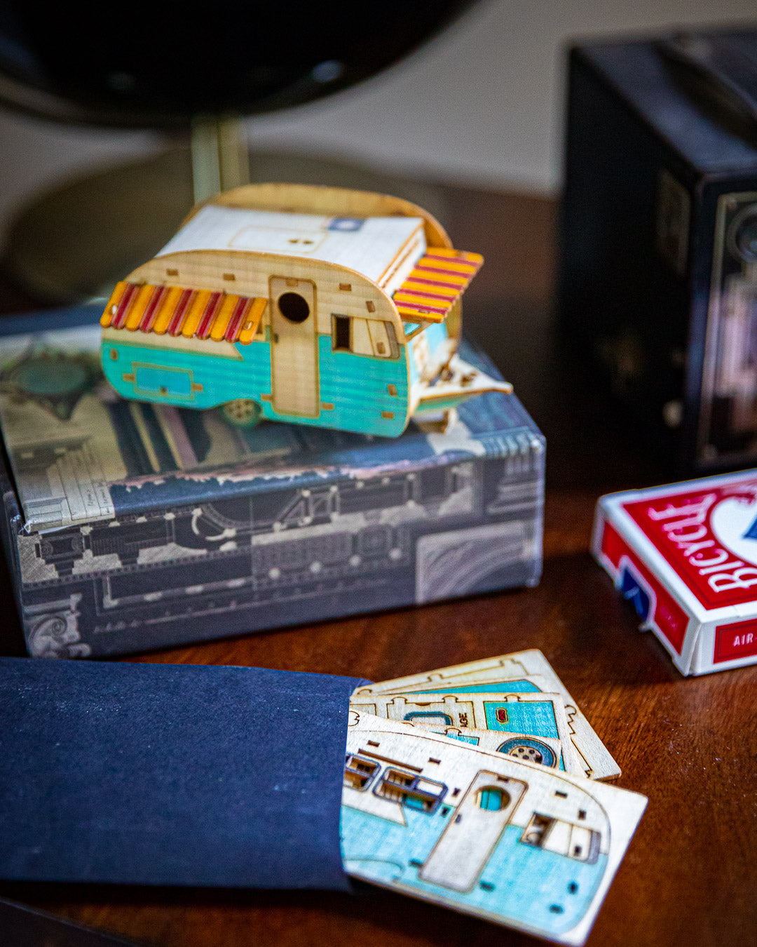 MINI Vintage Camper Wooden Model Christmas Ornament, Desktop playset, snaps together. 3D puzzle trailer kit that makes a great gift for men!
