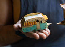 Load image into Gallery viewer, MINI Vintage Camper Wooden Model Christmas Ornament, Desktop playset, snaps together. 3D puzzle trailer kit that makes a great gift for men!
