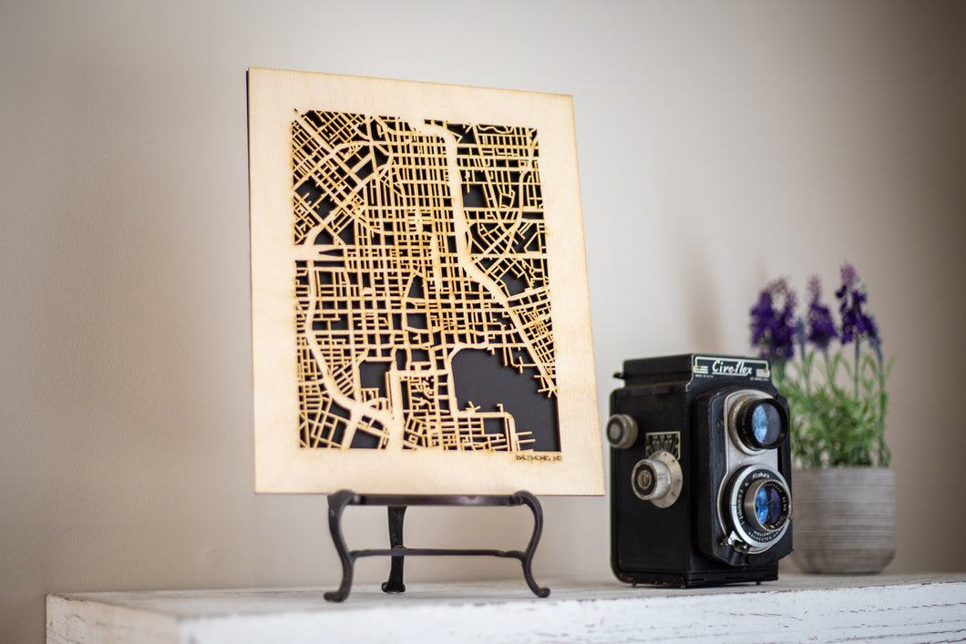 Baltimore, MD City Street Map | Modern Wood Wall Art in a Minimalist design. 2 sizes