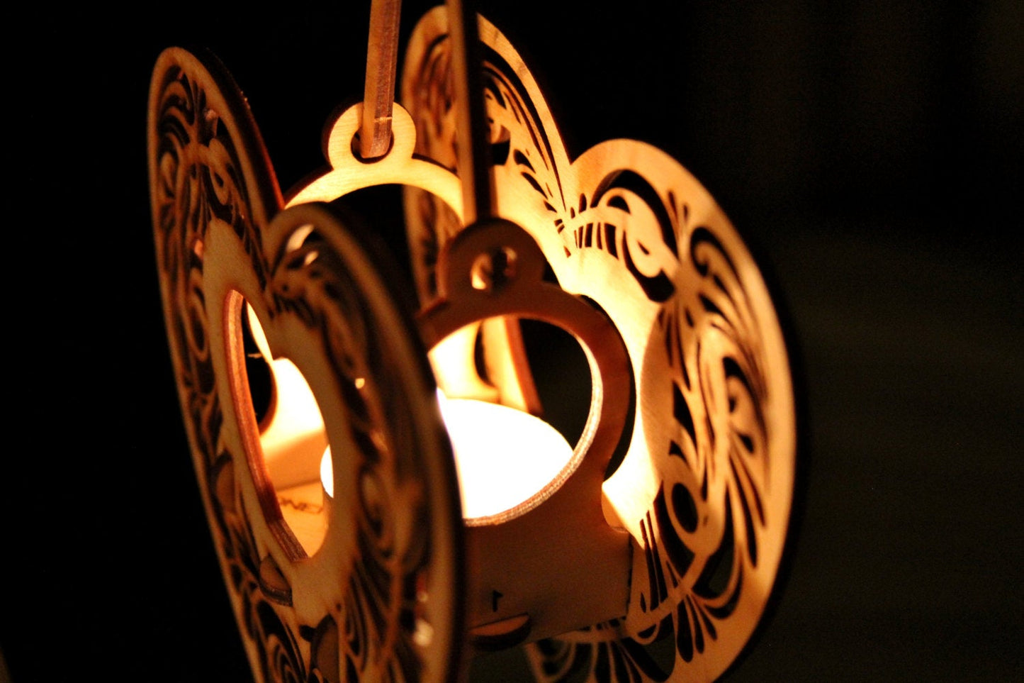 Heartstrings, Hanging Tealight Luminaire kits. Natural wood model kit you snap together!