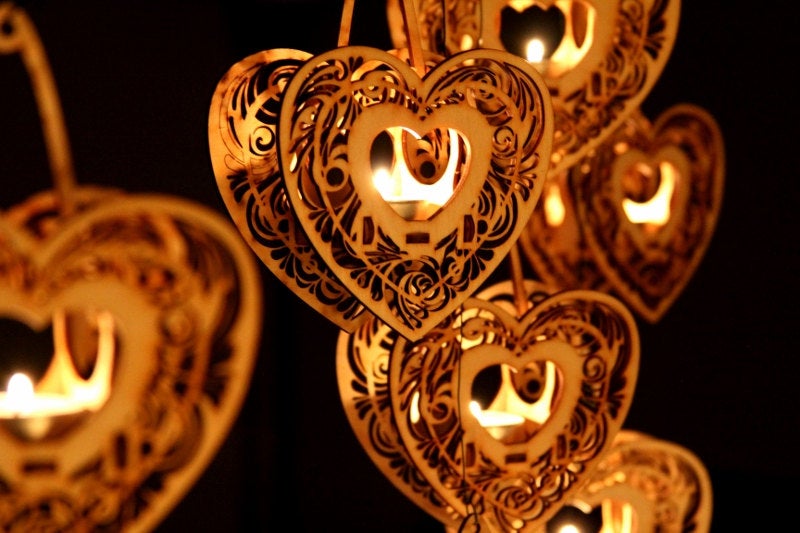 Heartstrings, Hanging Tealight Luminaire kits. Natural wood model kit you snap together!