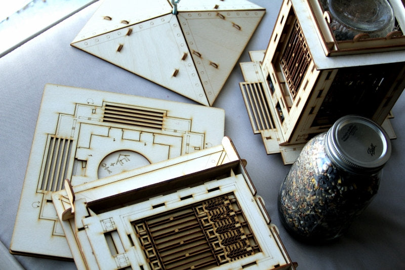 Bird Feeder, Craftsman Prairie Style Wooden 3D puzzle kit and lantern. DIY design you build!