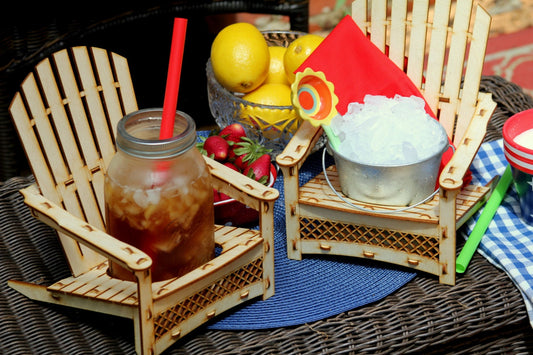 wooden Adirondack chair drink holder used for cocktails, snacks, and outdoor entertaining