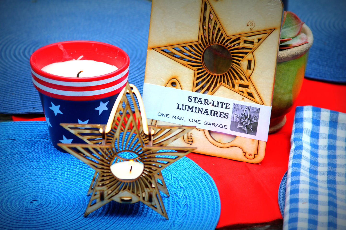 Star-Lites hanging tealight luminaire kit with flat-pack packaging and assembled wooden star lantern