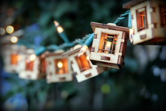 Patio String Lights. Electrolites - Craftsman Style Bungalows. Unique wooden 3D lighting