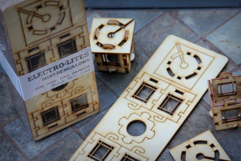 Patio String Lights. Electrolites - Craftsman Style Bungalows. Unique wooden 3D lighting