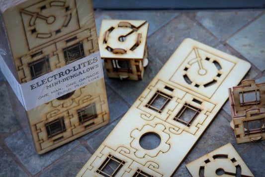 Patio String Lights. Electrolites - Craftsman Style Bungalows. Unique wooden 3D lighting