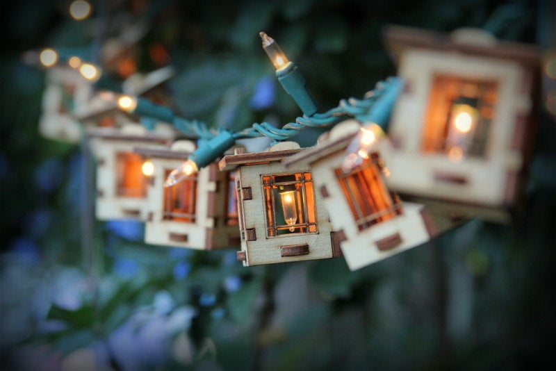 Patio String Lights. Electrolites - Craftsman Style Bungalows. Unique wooden 3D lighting