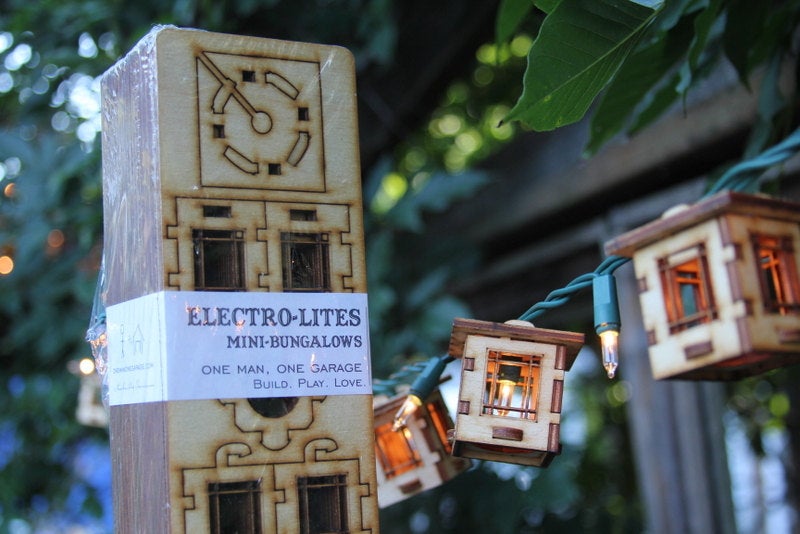 Patio String Lights. Electrolites - Craftsman Style Bungalows. Unique wooden 3D lighting