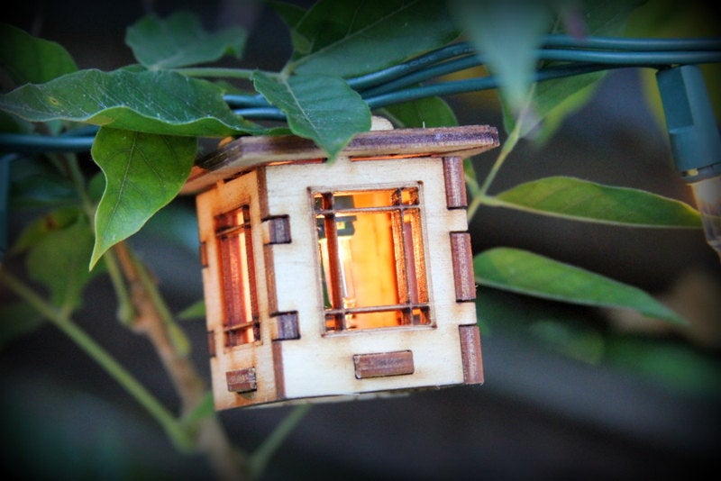 Patio String Lights. Electrolites - Craftsman Style Bungalows. Unique wooden 3D lighting
