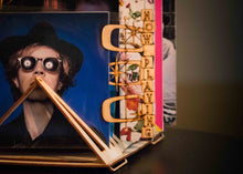 Load image into Gallery viewer, Wooden Record Stand Holds your Vinyl Playlist: 12 LPs or 7&quot; With a &#39;Now Playing&#39; sign For Collectors