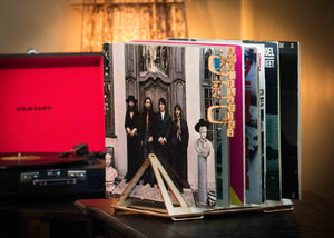 Wooden Record Stand Holds your Vinyl Playlist: 12 LPs or 7" With a 'Now Playing' sign For Collectors